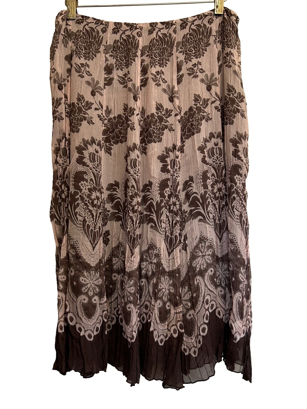 Vintage Karen Kane 100% Silk Crinkle Maxi Skirt Mauve & Brown Floral Boho